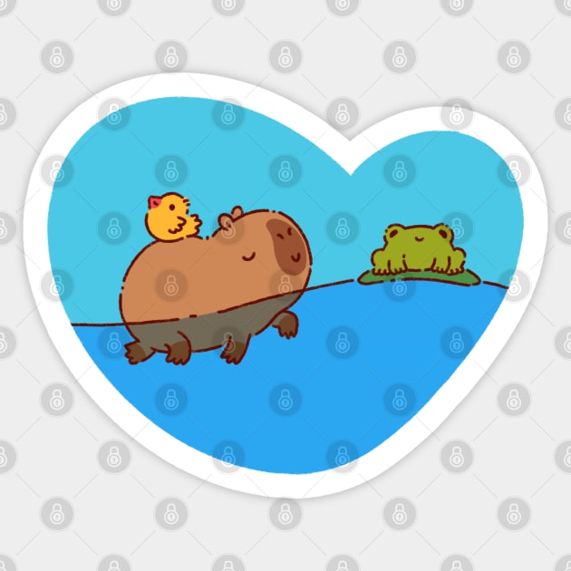 Capybara swimming with a bird and a frog Sticker by Tinyarts